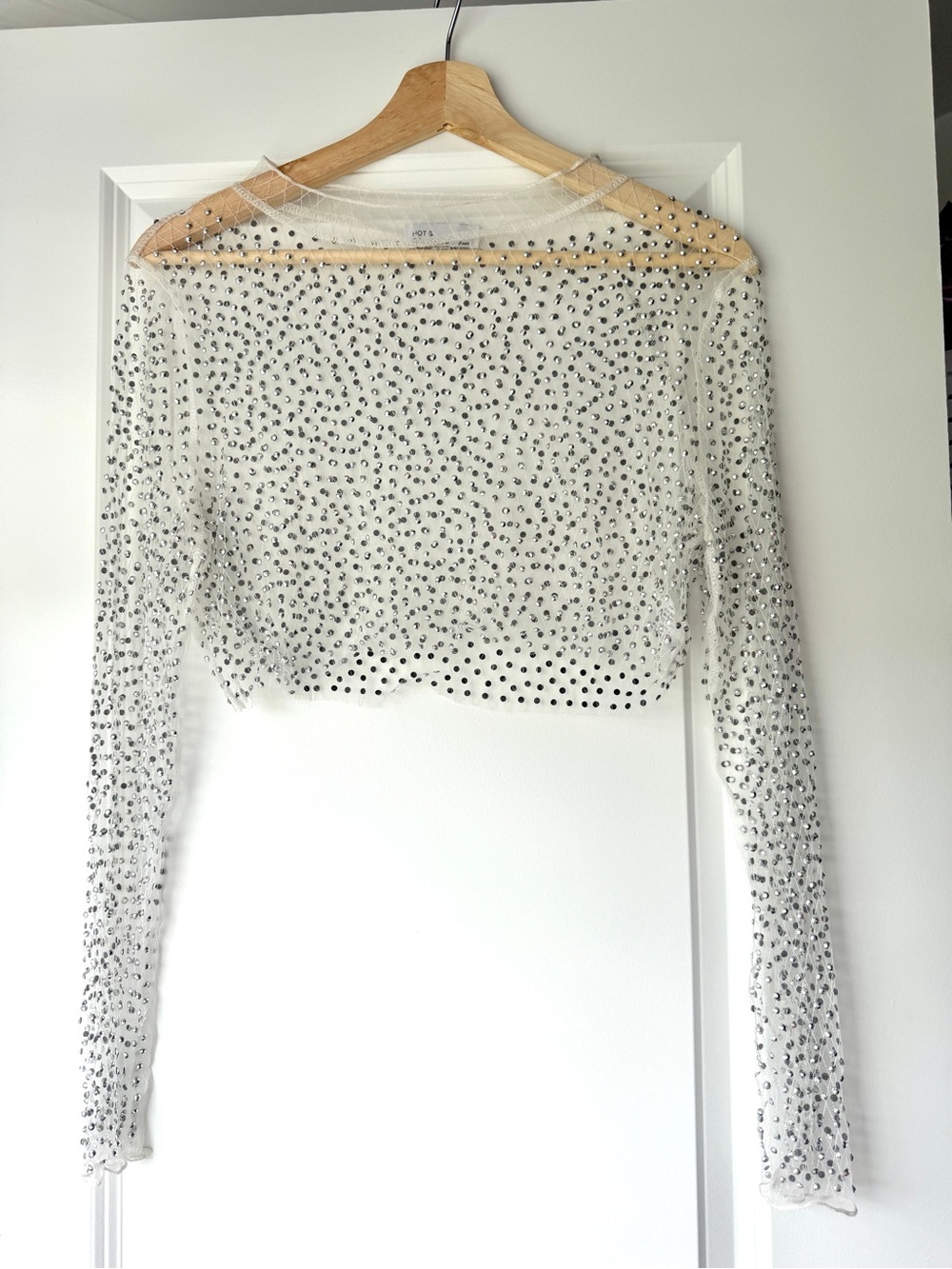 Womens Hot & Delicious Rhinestone Sheer Mesh Long Sleeve Crop Top – Size Small